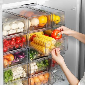 Frigorífico Organizador Bins Clear Fruit Food Jars Caixa de Armazenamento com Punho para Congelador Armário Acessórios de Cozinha Organização 210315