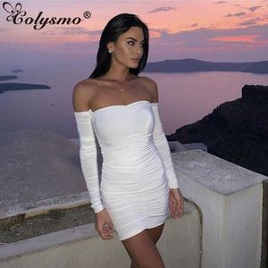 Colysmo Летние сексуальные повязки платье женщин с плечо с длинным рукавом шеи шеи эластичные Bodycon Mini ES Vestidos 210527