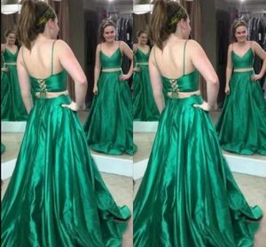 Green Prom Dresses Two Piece Lace Up Back Spaghetti Straps Sweep Train Satin Custom Made Formal Evening Party Wear Vestidos 403