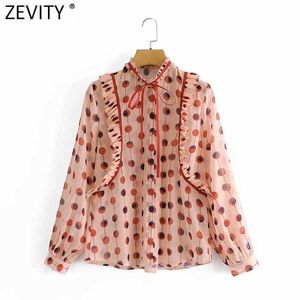 Zevidade Mulheres Prensa Doce Prensa Plissada Bow amarrado Chiffon Shirt Lady Bolka Dot Imprimir Blusa Listrado Roupas Chic Ruffles Tops LS9039 210603