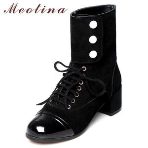 Meotina Stivaletti da donna Autunno Pelle scamosciata di mucca Perla Tacchi spessi Stivaletti in vera pelle Scarpe stringate Donna Inverno Taglia 33-39 210608