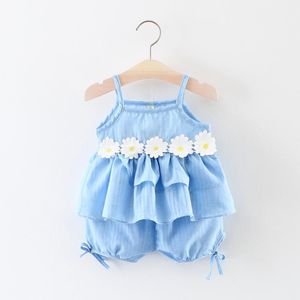 衣料品セット生まれた赤ちゃん女の子セット2021夏の花ソリッドカラーノースリーブベストトップ+パンツ2本の服乳児甘いカジュアル