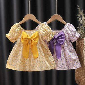 Yaz Bebek Bebek Kız Elbise Toddler Için Sevimli Baskı Büyük Yay 1 Yıl Doğum Günü Prenses Elbiseler Yenidoğan Bebek Kız Giysileri Vestidos Q0716