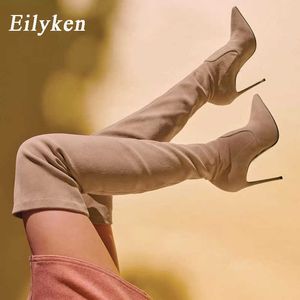 Eilyken Sexy Over the Knee high Boots Woman Flock Leather Thick high heels Women Boots Winter Black Apricot Brown Party shoes Y0914