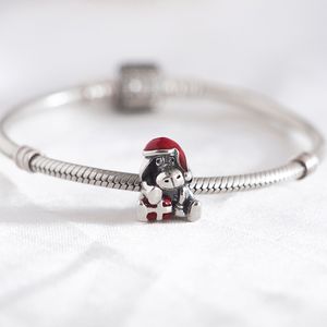 Authentic S925 Silver Enamel Hat And Gift-box Eeyore Christmas Bead Charm fit Lady Bracelet Bangle DIY Jewelry Q0531