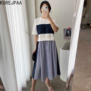 Korejpaa Donne Delle Donne Vestito Estate Coreano Chic Casual All-Match Collo rotondo Collo a contrasto a strisce Cuciture Design allentato Vestidos 210526