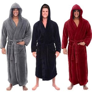 Men's Sleepwear Fashion Casual Mens Bathrobes Flannel Robe Hooded Long Sleeve Couple Men Woman Plush Shawl Kimono Warm Male Bathrobe Coat