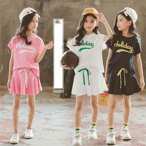 Kids Clothes Girls Skirt Set Summer Children Short Sleeve Sport Sets Letter Print Tops and White/navy Blue/pink Outfit 210622