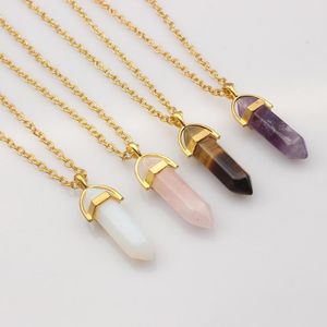 Pendant Necklaces 1pcs Gold Plated Natural Quartz Crystal Hexagonal Chakra Healing Point Pendulum Stone Necklace Jewelry For Women