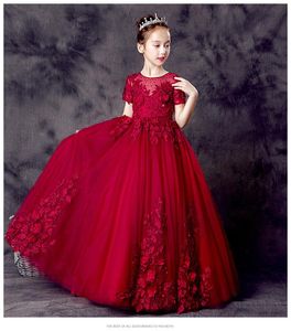 Dziewczyny Suknie Czerwone Tulle Girls Princess Dress Elegancki Kwiat Kostium Koralik Haft Dzieci Party Wedding Communion Suknia