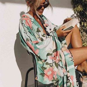 Grön vintage retro natt garde tryck boho maxi kimono skjorta ärm cardigan bohemian lång wrap blus sommar toppar beachwear 210719