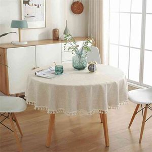 Linne bomull Tassel bordsduk rund tyg för bröllopsfest solid färg dammskyddad täcker hem textil skrivbord 210626