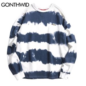 Gonthwid Harajuku 넥타이 염료 스트라이프 풀오버 스웨터 후드 망 힙합 캐주얼 스트리트웨어 패션 Hoodie Outwear Tops 201027