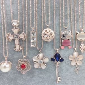 Women Sweater Chain Necklaces Pendants New Jewelry Rose Flower Cross Cat Eye Gem Stone Austrian Crystal Fashion Rhinestone Pendant Necklace