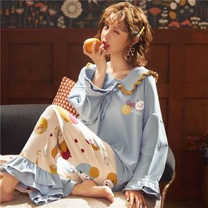 Pyjamas sets Women Autumn cute kawaii Nightgowns Girls Princess Cotton long Sleeves Plus Size Home wear Ruffle sleepwear 211007