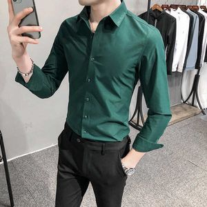 Cores sólidas camisas homens negócios vestido casual camisa de escritório formal roupas roupas manga longa slim streetwear social chemise homme 210527