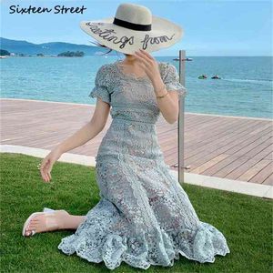 Summer Dresses for Woman Green Lace Runway Design High Waist Bodycon O-neck Puff-sleeve Self Luxury 210603