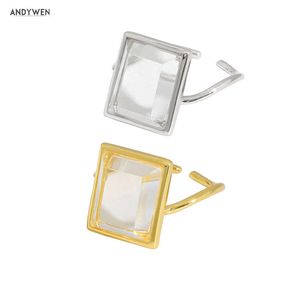 ANDYWEN 925 Sterling Silver Gold White Zircon Clear Adjustable Rings Wedding Gift Rock Punk Fashion 210608