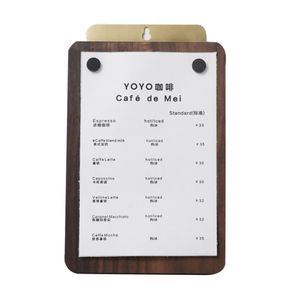 Caffetteria in ottone dal design originale Menu a ventosa magnetica Clip Store Porta etichette da tavolo in legno massello Bill Writing Folder Board