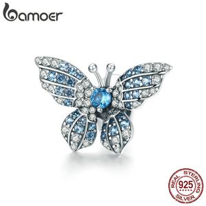 Bamoer 100% 925 Sterling Silver Crystal Blue Zircon Butterfly Pärlor Passa Charm Armband Kvinnor Halsband Silver Smycken BSc061 Q0531