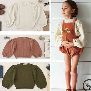 Soor Ploom Toddler Girls Winter Puff Sleeve Sweaters Kids Fashion Knit O-neck Children Little Solid Pullover 210619