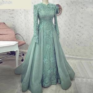 Turquoise Muslim A Line Evening Dresses with Long Sleeve Appliques Lace Prom Party Gowns Dubai Arabic Special Occasion Formal Dress Abiye