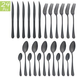 6 People Matte Black Cutlery Set Stainless Steel Dinnerware Steak Knives Forks Spoon Dinner Flatware Party Kitchen Tableware Set 211012