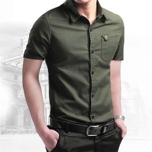 Yaz 100% Pamuk Gömlek Erkekler için Nefes Askeri Kısa Kollu Slim 'ın Marka Giyim 210809