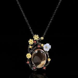 Cizeva Trendy Exquisite Moonstone Pendant Plum Blossom Necklac Retro Svart Guld S925 Charms Sweater Neckalce Boho Party Smycken