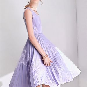 Lace Pleated Chiffon Dress Summer Women Elegant Round Neck Middle Waist Sleeveless Female Vestidos 11930148 210527