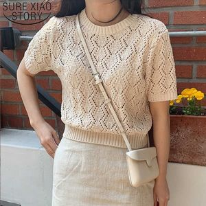 Summer Short Sleeve O-Neck Knitted Blouse Women Korean-Style All-match shirts Hollow Out Thin Jersey Tops 8788 210527