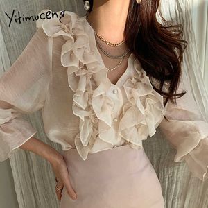 Yitimuceng Ruffles Blouse Woman Oversize Office Lady Tops Fashion Long Flare Sleeve V-Neck Shirts Solid Pink Spring Summer 210601