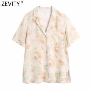 Zevity Women Vintage Tie Dyed Printing Casual Shirt Female Short Sleeve Pocket Blouse Roupas Chic Kimono Blusas Tops LS9370 210603