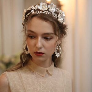 Big Floral Bridal Crown Hair Tiara Zilveren Kleur Blad Bruiloft Hoofddeksel Handgemaakte Dames Party Prom Band Sieraden