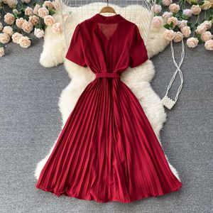 Summer Vintage Women Pleated Dress Red/Pink/Brown Turn-Down Collar Short Sleeve High Waist Casual Draped A-Line Vestido New 2022