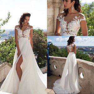 2021 Simple Beach Chiffon Wedding Dresses A-Line Top Lace Appliques Side Split Bohemian Boho Wedding Gowns Cap Sleeve Cheap Bridal Dress