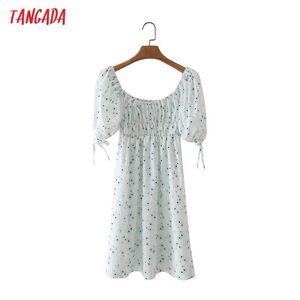 Tangada Summer Women Flowers Print French Style Dress Bow Short Sleeve Ladies Sundress 4T66 210609