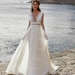 Rustic Lace Long Sleeve Beach Wedding Dresses 2021 Flowy Chiffon Illsuion Floor Length Bohemian Bridal Gowns Civil Boho Country Bride Dress vestido de novia