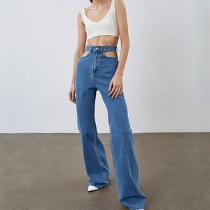 Meiyangyoung Wiosna Proste Dżinsy Leg Dżinsy Hollow Out High Waist Kobiet Spodnie Casual Niebieski Denim Moda Spodnie Kobiet Bawełna Jean 210708