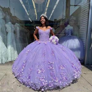 Блестящие фиолетовые платья Quinceanera на тонких бретельках с запахом Sweet 15 платьев 2022 года с 3D-цветками из бисера Vestidos 16 Одежда для выпускного вечера2356