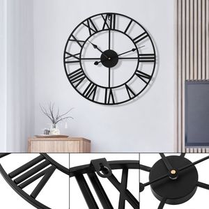 40 cm große Outdoor-Garten-Wanduhr, nordisches Metall, römische Ziffern-Wanduhren, Retro-Eisen, rundes Gesicht, Schwarz, Heimbüro-Dekoration 210310