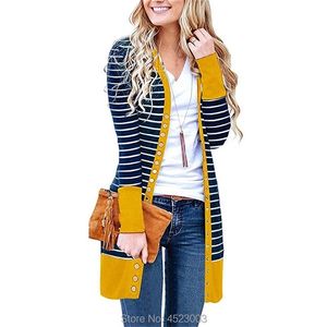 Kvinnors Långärmad Ribbad Halsband Öppna Front Stripe Snap Button Down Knit Cardigans Sweater Coats 210914