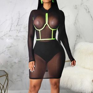 Women Camisole Mesh Dress Bodycon Elegent Femme Dresses Plus Size Bralette Long Sleeve Bra Strap Gauze See-through Clothes#0203 Casual