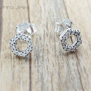 Authentic 925 Sterling Silver Pandora Sparkling Honeycomb Hexagon Stud Earrings luxury for women men girl Valentine day birthday gift 298800C01