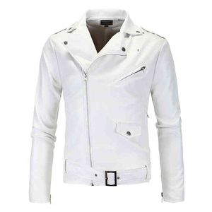 Белые Байкерские Куртки оптовых-Мужские тонкие белые кожаные куртки наклонные молния мотоцикл новое оружие мото байкер размером XL