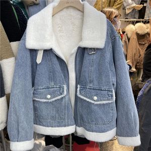 Women's Jackets 2021 Winter Korean Imitation Fur Patchwork Denim Parkas Coat Women Long Sleeve Female Warm Casual Chaqueta Mujer Invi