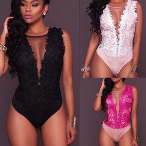 Sexy Women V Neck Lace Up Floral Bandage Bodysuit Leotard See Through Backless Tops Jumpsuit Y0927