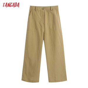 Tangada Moda Kobiety Khaki Garnitur Spodnie Spodnie Kieszenie Przyciski Office Lady Spodnie Pantalon Be 809 210609