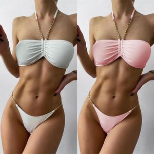 Kvinnors badkläder fast färg Bikini Sexig modekedja Tillbehör Beach Swim Ladies Strap 2 Piece Suit Swimsuit