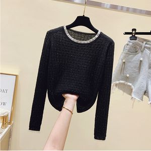 Autumn Fashion Design Kvinnor O-hals långärmad tunn stickad paljett paillette lappad shinny tröja topp plus size stor jumper mlxlxxl3xl